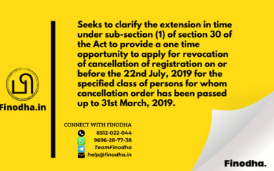 Circular No. 99/18/2019 – GST: Seeks to clarify the extension in time under sub-section (1) of section 30 of the Act to provide a one time opportunity to apply for revocation of cancellation of registration on or before the 22nd July, 2019 for the specified class of persons for whom cancellation order has been passed up to 31st March, 2019.