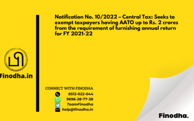 Notification No. 10/2022 – Central Tax: Seeks to exempt taxpayers having AATO up to Rs. 2 crores from the requirement of furnishing annual return for FY 2021-22