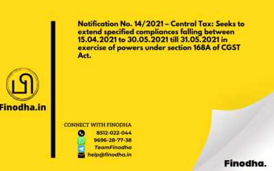 Notification No. 14/2021 – Central Tax: Seeks to extend specified compliances falling between 15.04.2021 to 30.05.2021 till 31.05.2021 in exercise of powers under section 168A of CGST Act.