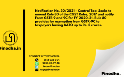 Notification No. 30/2021 – Central Tax: Seeks to amend Rule 80 of the CGST Rules, 2017 and notify Form GSTR 9 and 9C for FY 2020-21. Rule 80 provides for exemption from GSTR-9C to taxpayers having AATO up to Rs. 5 crores.