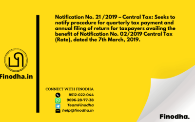 Notification No. 21 /2019 – Central Tax: Seeks to notify procedure for quarterly tax payment and annual filing of return for taxpayers availing the benefit of Notification No. 02/2019 Central Tax (Rate), dated the 7th March, 2019.