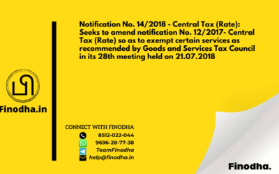 Notification No. 14/2018 – Central Tax (Rate): Seeks to amend notification No. 12/2017- Central Tax (Rate) so as to exempt certain services as recommended by Goods and Services Tax Council in its 28th meeting held on 21.07.2018