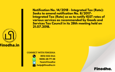 Notification No. 14/2018 – Integrated Tax (Rate): Seeks to amend notification No. 8/2017- Integrated Tax (Rate) so as to notify IGST rates of various services as recommended by Goods and Services Tax Council in its 28th meeting held on 21.07.2018.