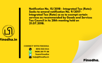 Notification No. 15/2018 – Integrated Tax (Rate): Seeks to amend notification No. 9/2017- Integrated Tax (Rate) so as to exempt certain services as recommended by Goods and Services Tax Council in its 28th meeting held on 21.07.2018.