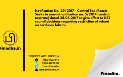 Notification No. 29/2017 – Central Tax (Rate): Seeks to amend notification no. 5/2017- central tax(rate) dated 28.06.2017 to give effect to GST council decisions regarding restriction of refund on corduroy fabrics.