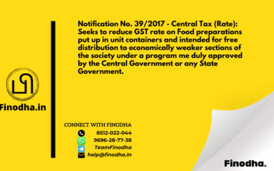 Notification No. 39/2017 – Central Tax (Rate): Seeks to reduce GST rate on Food preparations put up in unit containers and intended for free distribution to economically weaker sections of the society under a program me duly approved by the Central Government or any State Government.